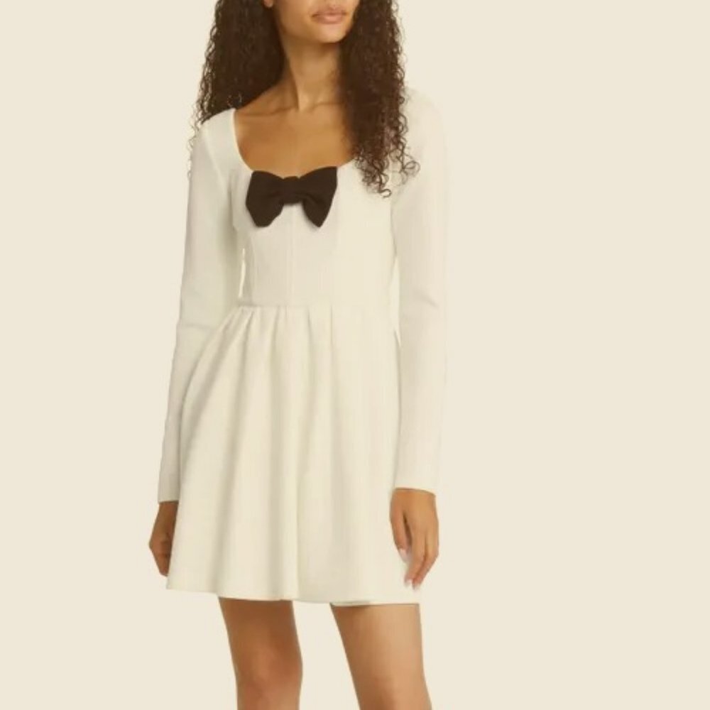 NWT WAYF X JOURDAN SLOANE Ivory White Crepe Mini Dress Optional Black Bow Tie XS